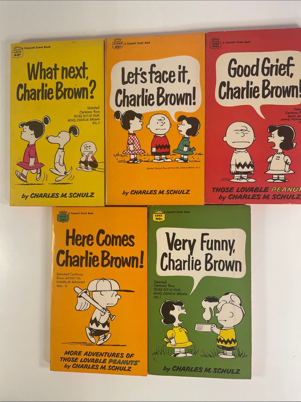 Vintage 1960’s Peanuts Paperback Set with Yellow, Orange, Red, Green Covers